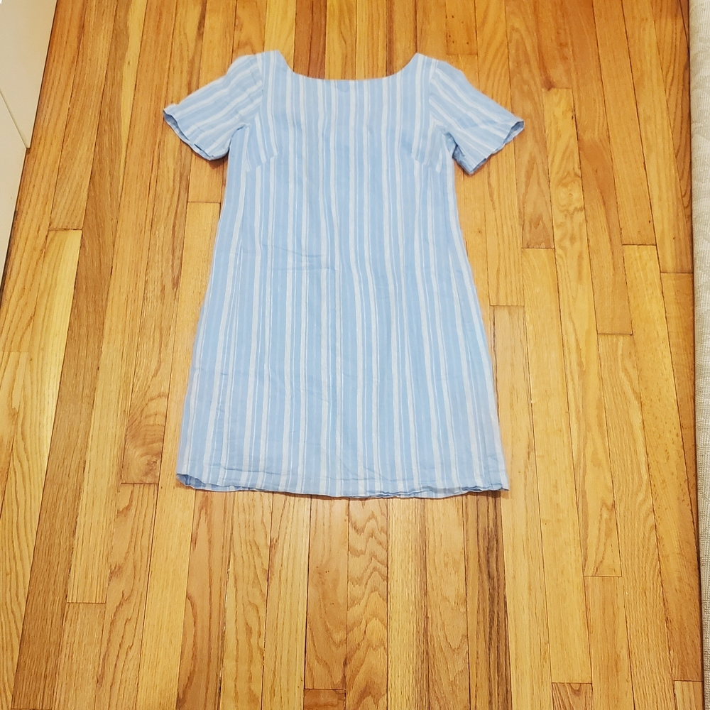 Anthropologie Sky Blue and White Vertical Stripe Short Sleeve Linen Blend Dress